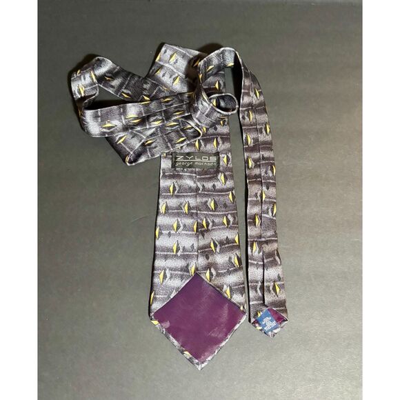 Vintage Zylos by George Machado Silk Tie Gray Yellow Geometric Diamond 90s - Picture 4 of 4